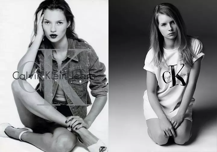 Kate Moss (esquerra) a l'anunci de CK Jeans de la dècada de 1990 i Lottie Moss (dreta) a CK Jeans per al rodatge de Mytheresa