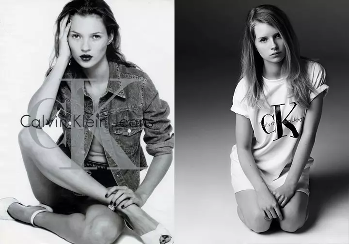 Kate Moss (L) sa CK Jeans Ad gikan sa 1990s ug Lottie Moss (R) sa CK Jeans alang sa mytheresa shoot