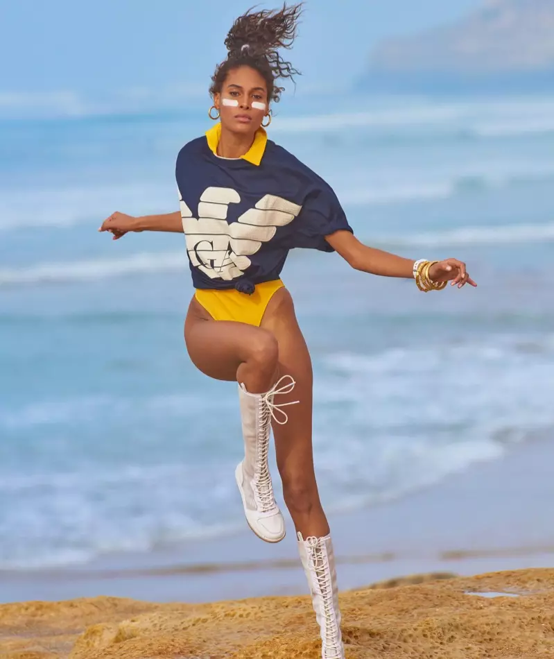 D'Cindy Bruna kritt sportlech Glam op der Plage fir Vogue Japan