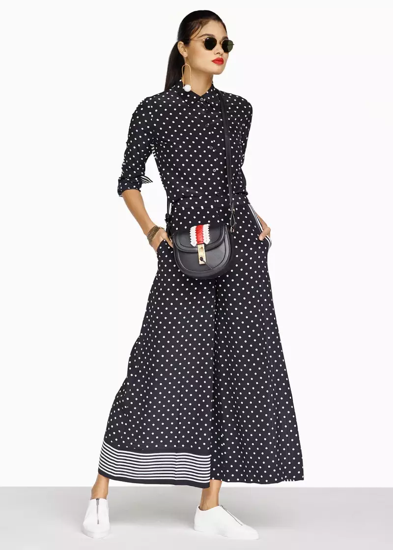 Stella McCartney Silk Polka Dot Blouse, Silk Polka Dot Trousers, Stella McCartney Zip Loafers, Altuzarra Ghianda Saddle Mini Embroidered, Stella McCartney Brass Single Earring, Ray-Ban Hexagon Sunglasses and Lanvin Choker Necklace