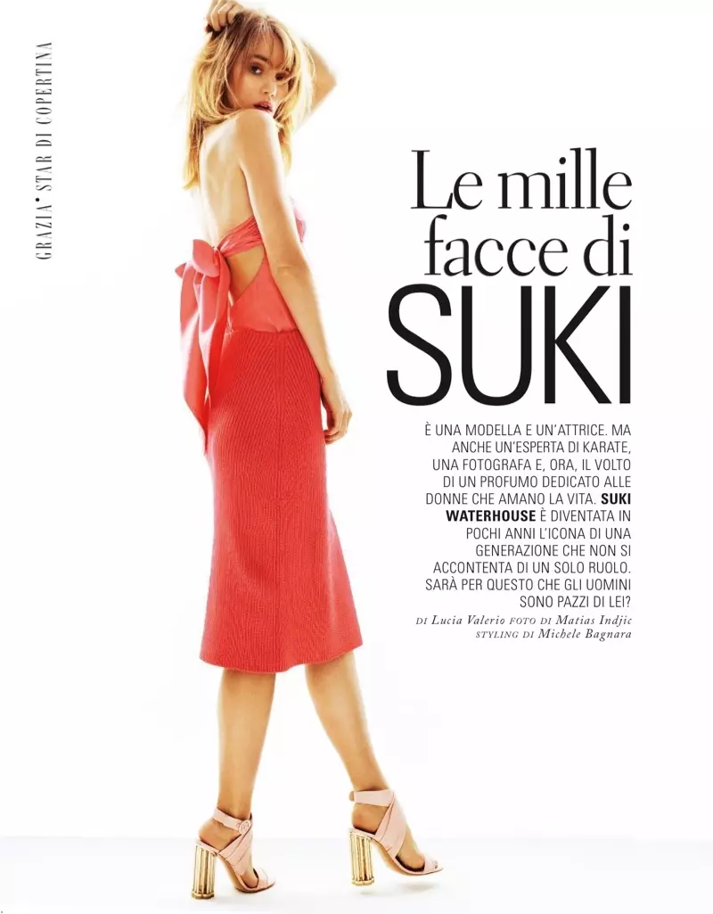 Suki Waterhouse trägt die Frühjahrsmode von Salvatore Ferragamo für Grazia Italy