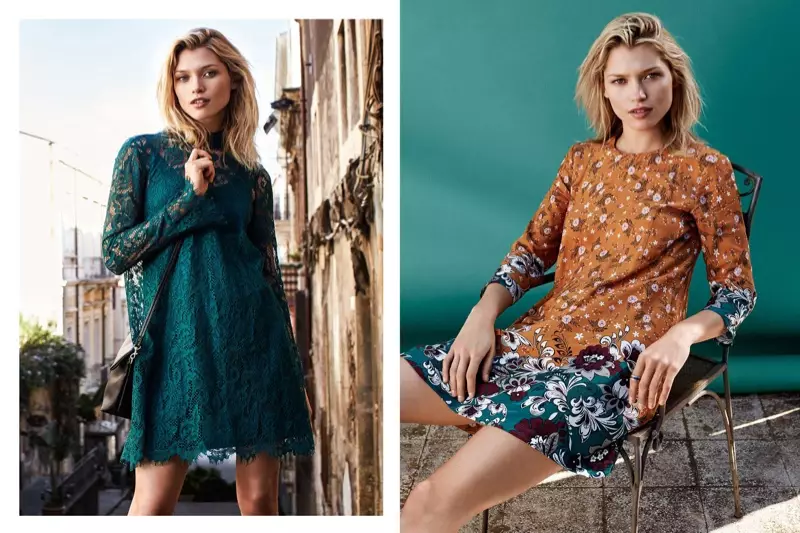 (بائیں) H&M گرین لیس ڈریس، کلچ بیگ (دائیں) H&M پیٹرن والا لباس