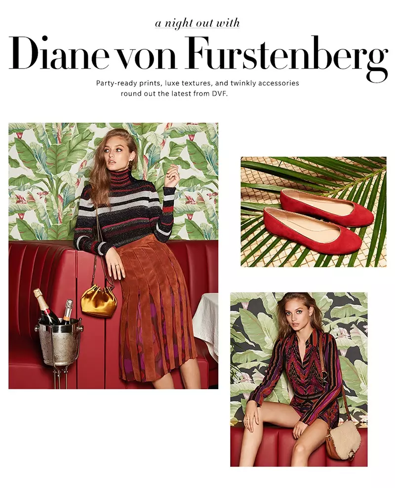 (Links) Diane von Furstenberg Leela-trui, Melita Suede geplooide romp en Love Power Mini Satin Trekkoordsak (regs bo) Diane von Furstenberg Cambridge Ballet Flats (Res onder) Diane von Furstenberg Ariella Romper en Shearling Love Power-saalsak