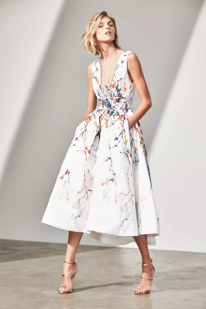 Monique Lhuillier Watercolor Mikado Sleeveless Tea-Length Gown