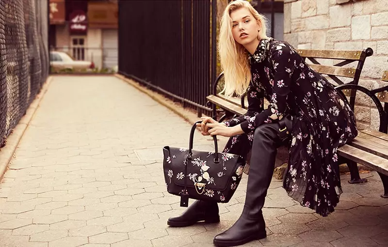 Valentino Flowers Fall Silk Chiffon Shirtdress $6,980, Small Demi Lune Floral-Embroidered Leather Satchel $3,245 සහ Bowrap Leather-Over-the-Knee Boots $1,995
