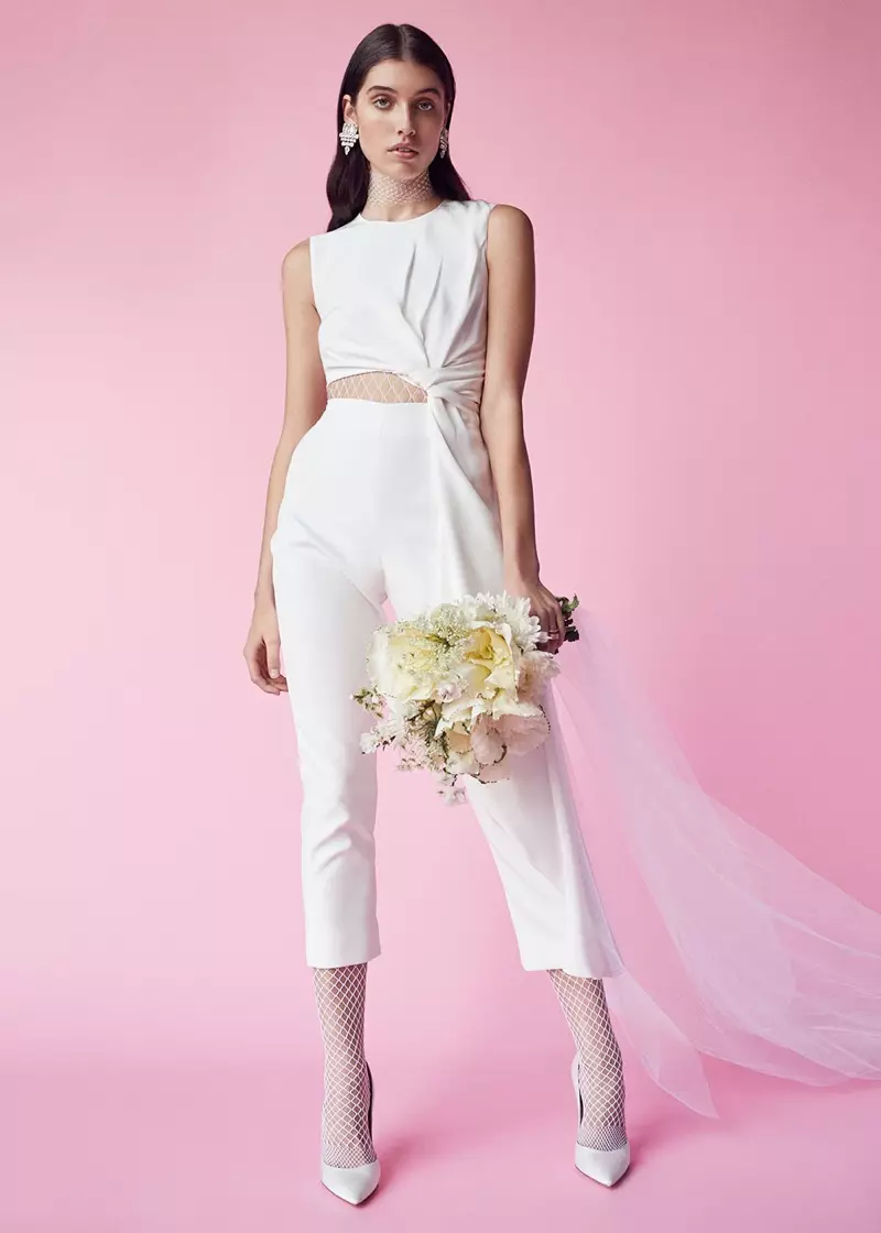 Roksanda Bridal Silk & Bonded Crepe Jumpsuit, Gianvito Rossi Satin Gianvito Pumps dan Saint Laurent Small Drop Earrings