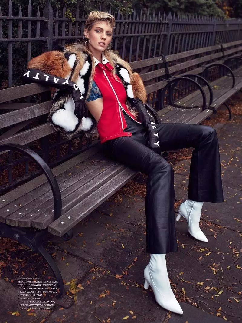 Devon Windsor vrství zimní kabáty pro Harper's Bazaar Kazachstán