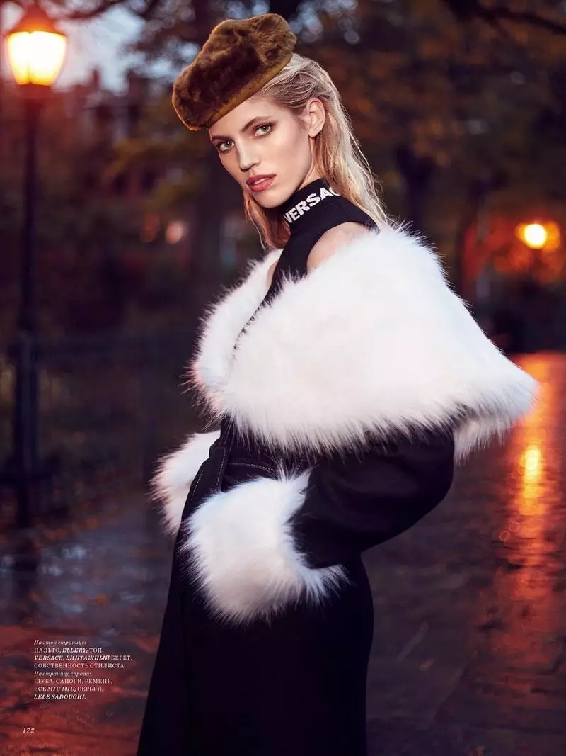 Devon Windsor klājas ziemas mēteļos Harper's Bazaar Kazahstānai