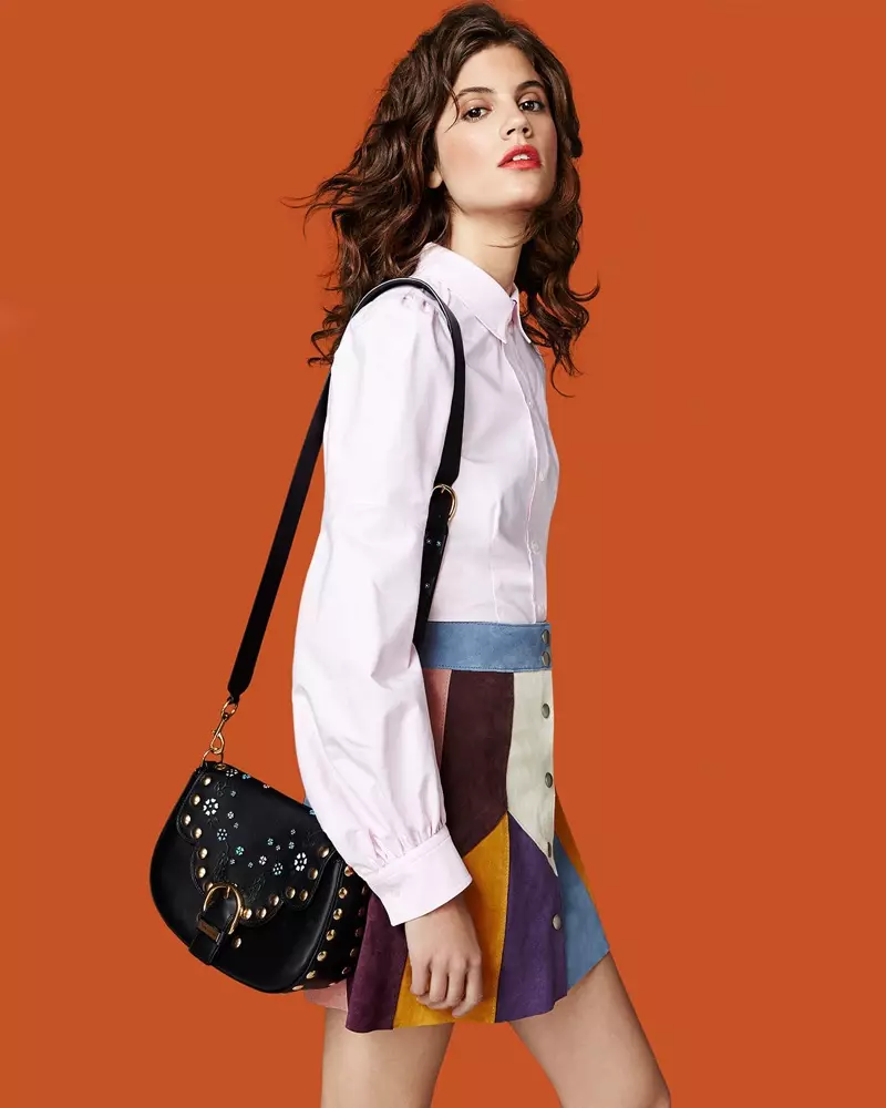 Marc Jacobs Bishop-Sleeve Cotton Blouse, Patchwork Suede A-Line Skirt and Navigator Floral Studded Flap Shoulder Bag