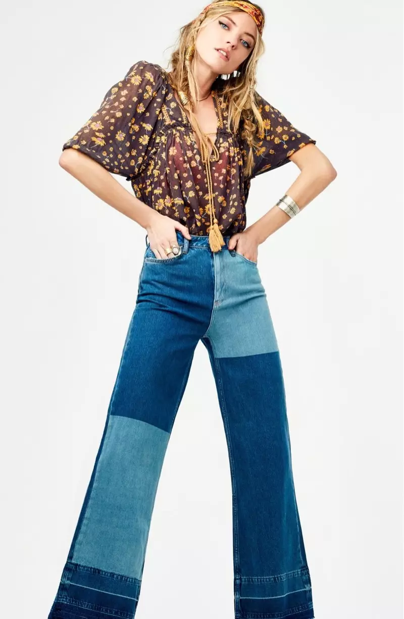 Camicetta in cotone margherita Free People e jeans patchwork a vita alta a gamba larga