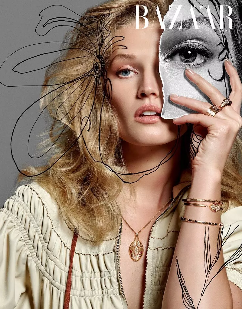 Toni Garrn waa shaqo farshaxan oo loogu talagalay Harper's Bazaar Singapore