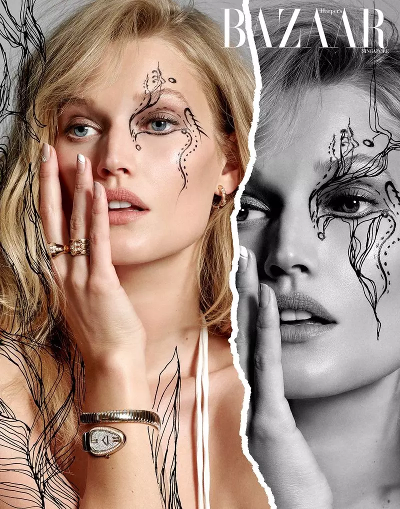 Toni Garrn waa shaqo farshaxan oo loogu talagalay Harper's Bazaar Singapore