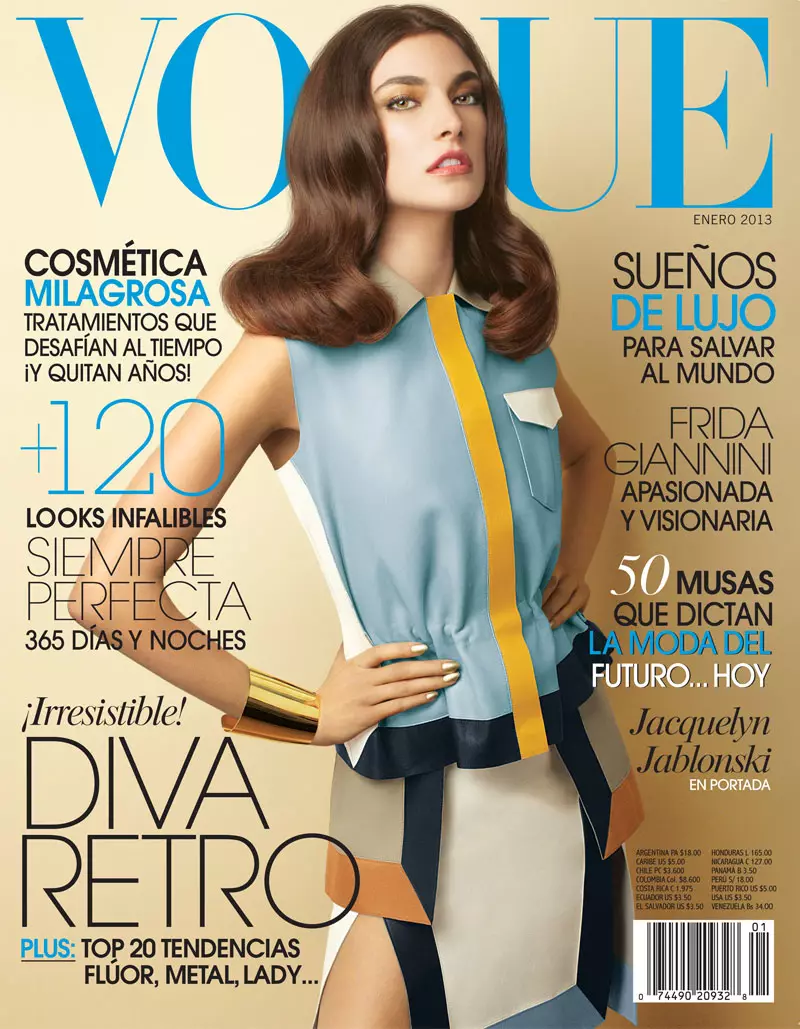 Jacquelyn Jablonski በ Gucci ለVogue ላቲን አሜሪካ የጃንዋሪ 2013 የሽፋን ሾት የ70ዎቹ ቺክ ነው።