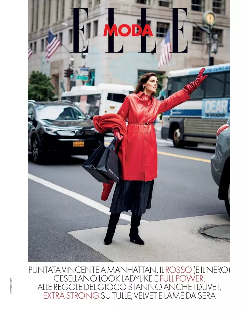 Hilary Rhoda Dresses in All-Red Fashions for ELLE Italy