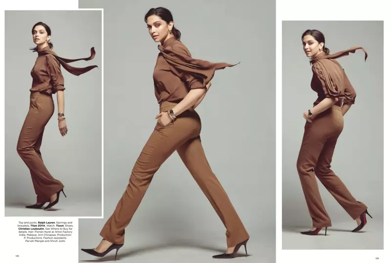 Ang aktres na si Deepika Padukone ay nakasuot ng Ralph Lauren na pang-itaas at pantalon na may mga sapatos na Christian Louboutin