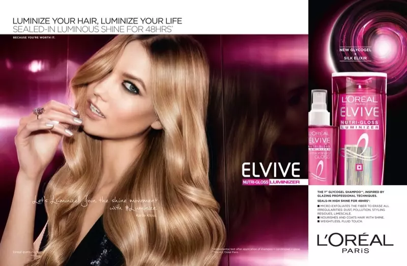 Karlie Kloss nampilake kunci emas ing kampanye L'Oreal Paris 'Elvive Nutri-Gloss Luminizer'