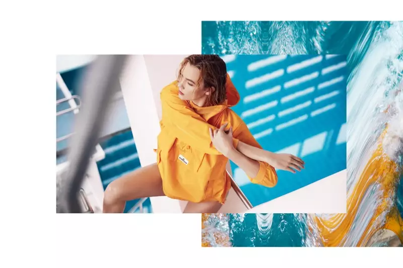 Karlie Kloss dra 'n kappie sweatshirt in adidas by Stella McCartney lente 2017 veldtog