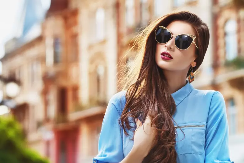 Modelong Street Style Sunglasses Cat Eye Long Hair Blue Shirt