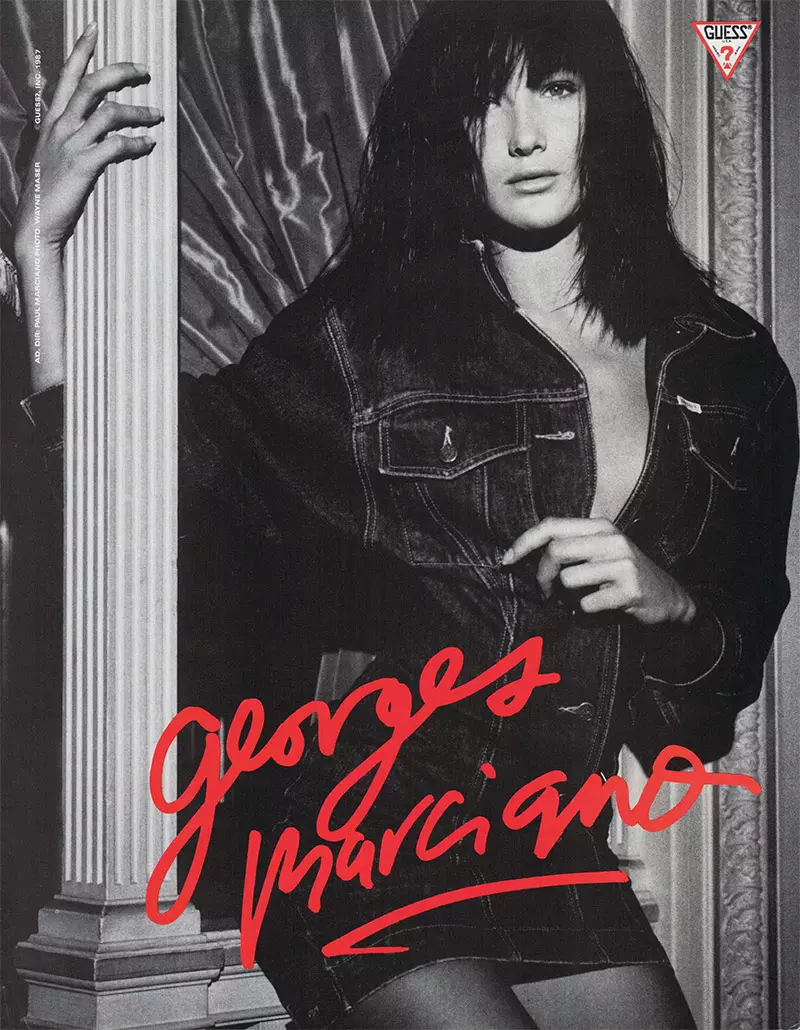 O se tasi o fa'ata'ita'iga pito i luga o le 80's ma le 90's, o Carla Bruni na fa'aalia i se fa'asalalauga Guess 1987 o lo'o ofuina se foliga fa'alelei denim. O le a mulimuli ane avea Carla ma Tamaitai Sili o Farani. Ae e le'i taofia ai o ia mai le fa'ata'ita'iga. I le 2017, na ia savali ai i le auala mo Versace i se faʻapotopotoga faʻapitoa.