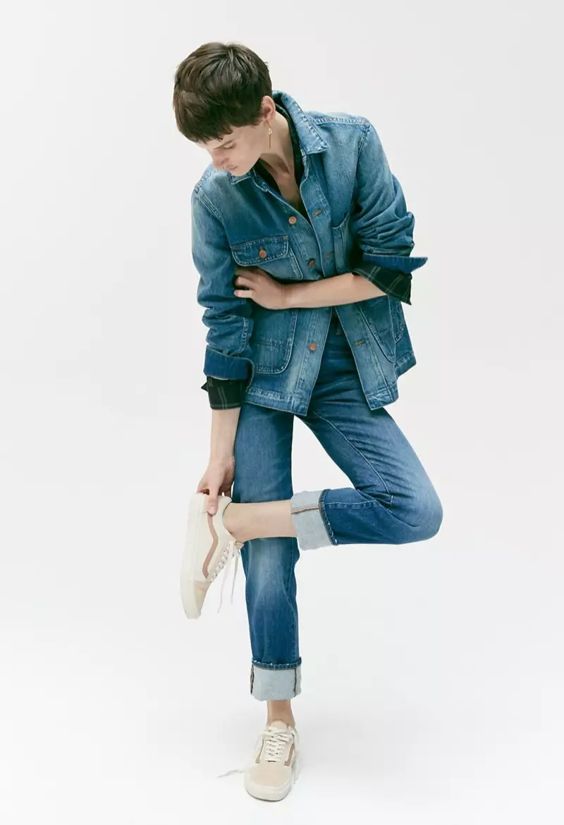 Abrigo de mezclilla Madewell Chore, camisa envolvente en Palma Plaid e The High-Slim Boyjean