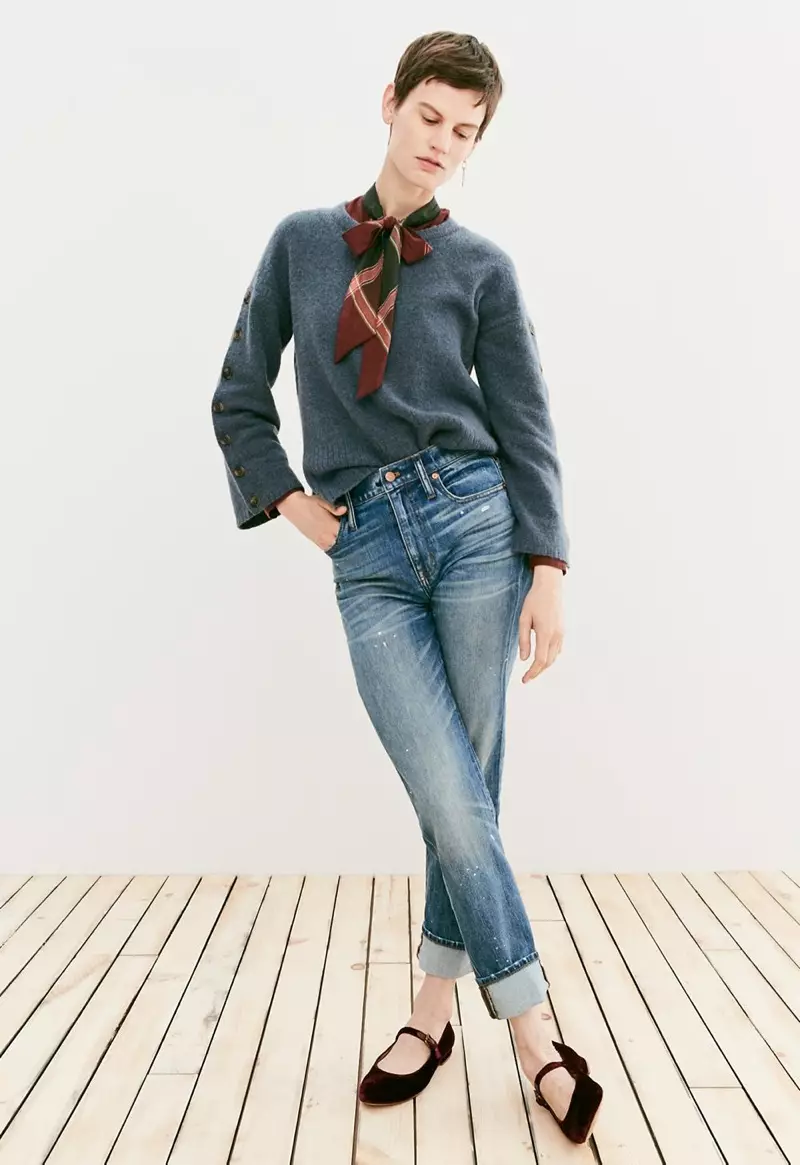 Bọtini Madewell-Sleeve Pullover Sweater, Plaid Tie-Neck Shirt, The High-Rise Slim Boyjean: Oluyaworan Edition ati The Coralie Mary Jane Flat