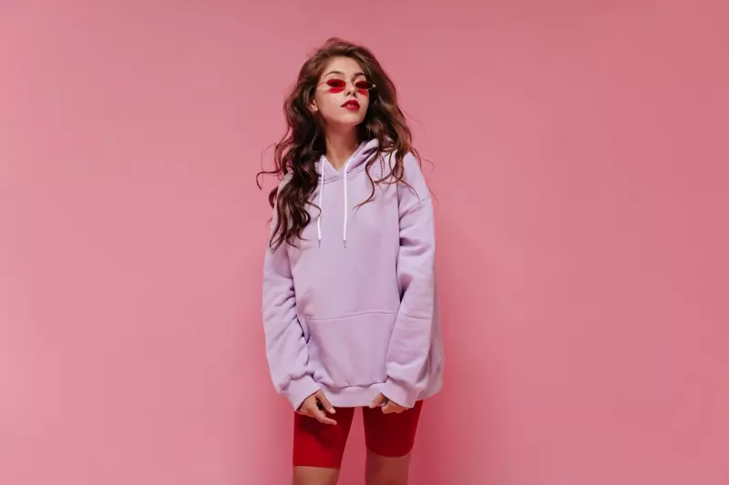 Purple Hoodie Red Biker Shorts Casual Sporty Outfit