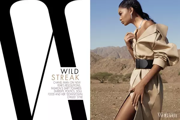 Chanel Iman viste A.W.A.K.E. abrigo, cinturón Ralph Lauren y joyas Cartier