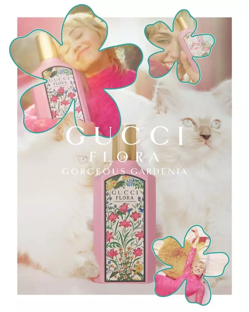 Këngëtarja Miley Cyrus pozon për fushatën reklamuese të aromës Gucci Flora Gorgeous Gardenia.