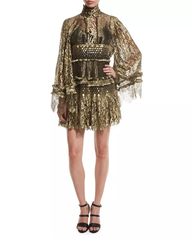 Roberto Cavalli Tiered Lace Bell Sleeve Mini Jurk