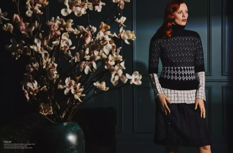 Karen Elson kifinomult külsőt visel a Holt Renfrew Magazine számára