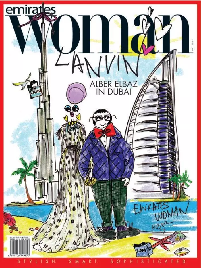Альбер Эльбаз иллюстрирует обложку майского номера журнала Emirates Woman за 2015 год.