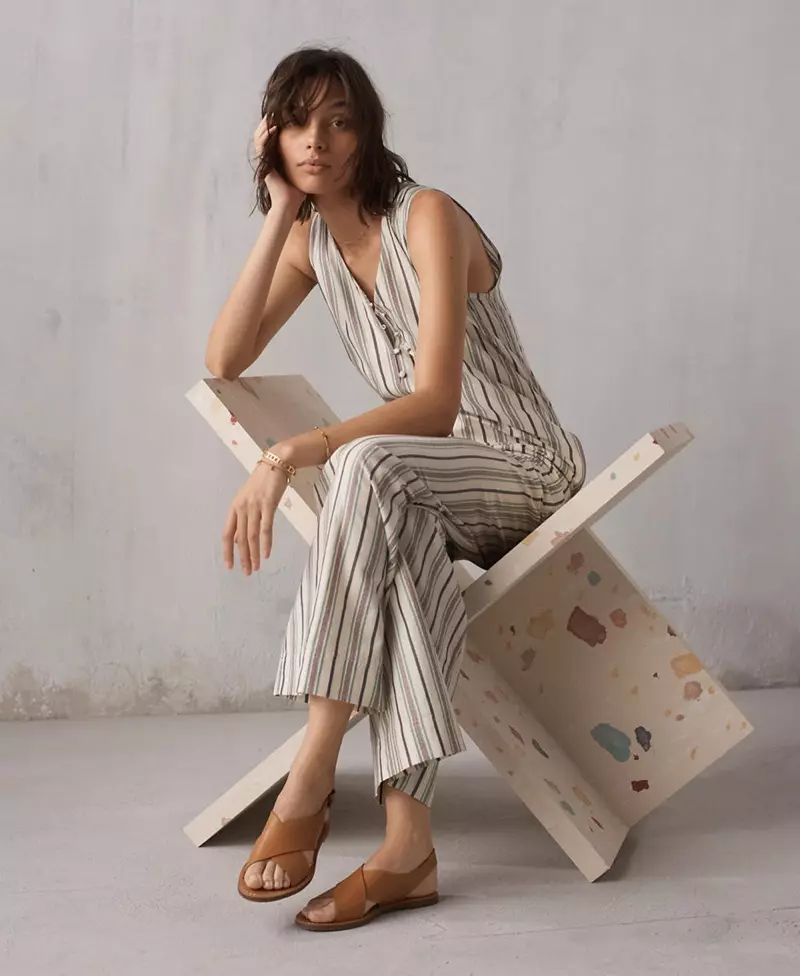 “Madewell Striped Button-Down Jumpsuit” we “Boardwalk Crossover Sandal”