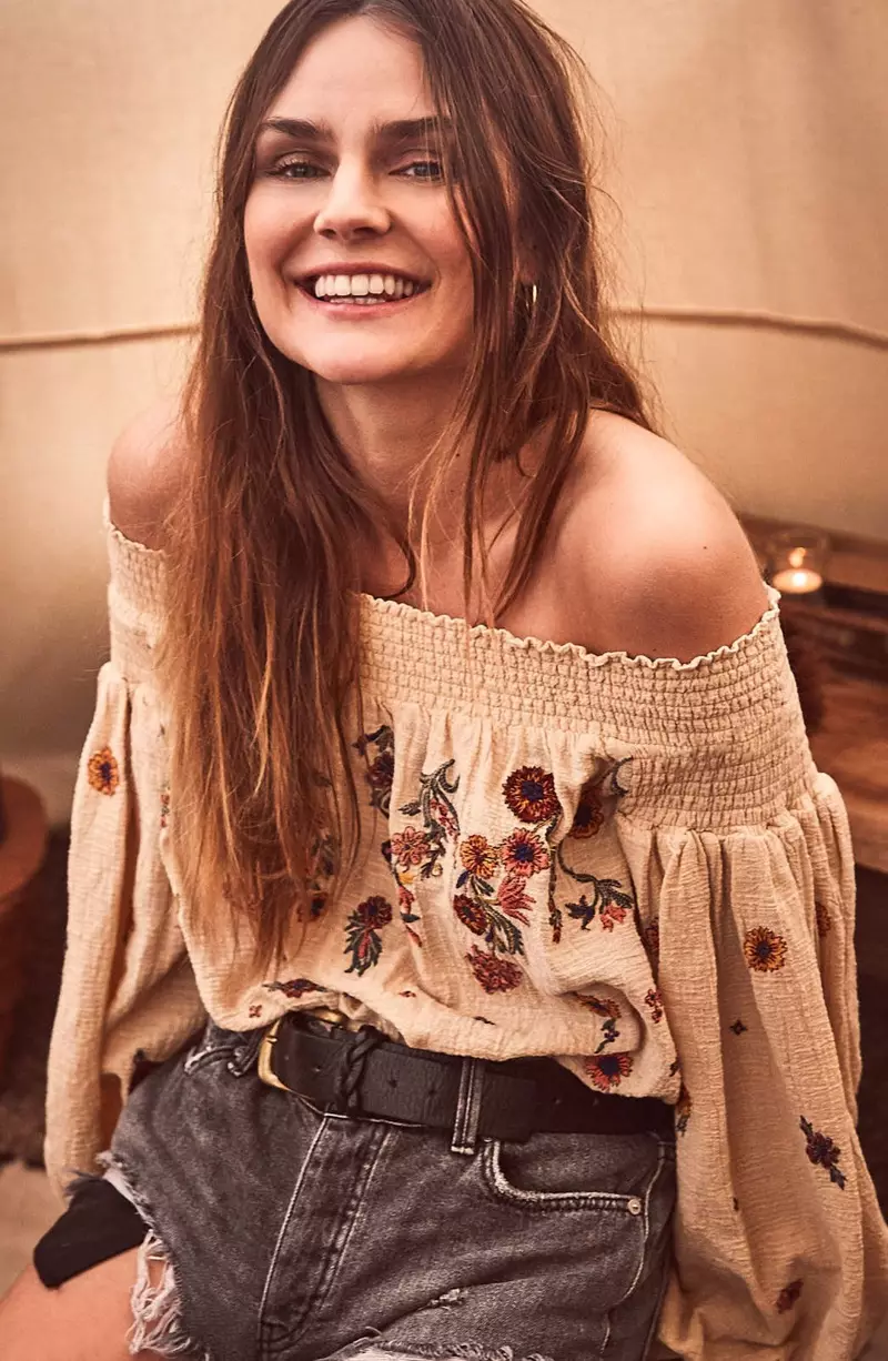 Free People Saachi Smocked Off the Shoulder Top $128 en Sashed & Relaxed Cutoff Denim Shorts $88