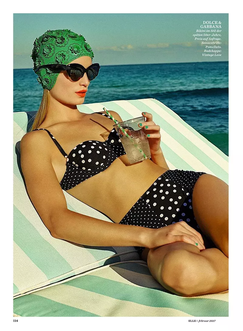 Kurembera padziva, Maud Welzen akapfeka Dolce & Gabbana polka dot print swimsuit uye Pomellato magirazi ezuva.