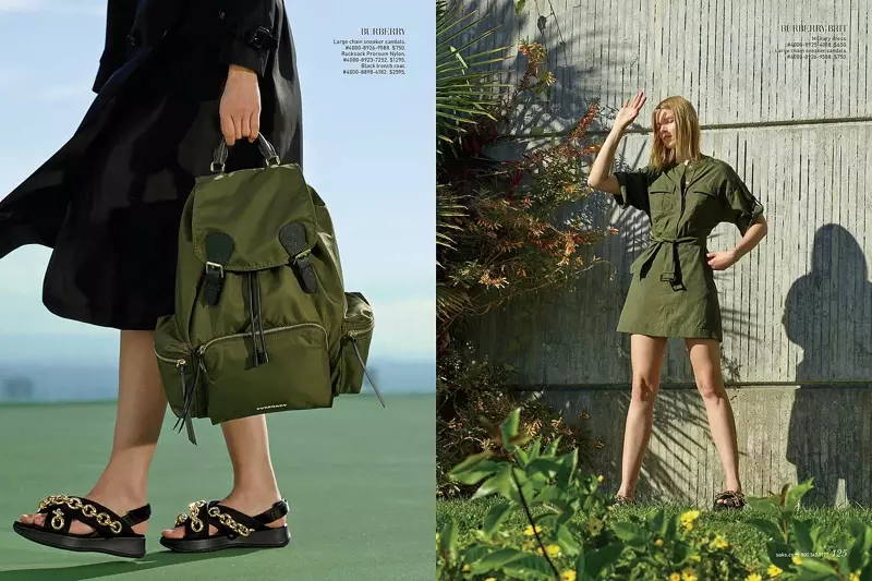 (Izquierda) Editorial presenta sandalias deportivas de cadena grande de Burberry, mochila y gabardina negra (Derecha) Modelos Suvi Vestido militar británico de Burberry