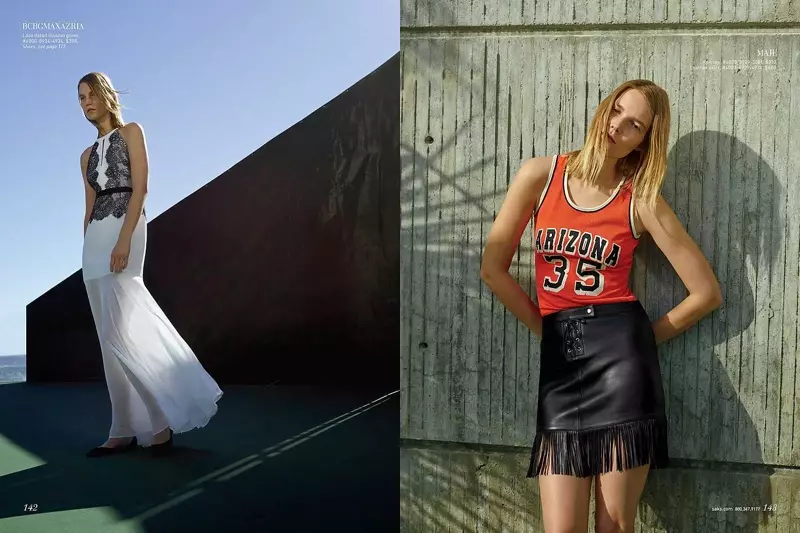 (Izquierda) Suvi usa un vestido BCBG Max Azria con detalle de encaje (Derecha) Suvi modela una camiseta sin mangas de baloncesto de punto Maje y una falda de cuero