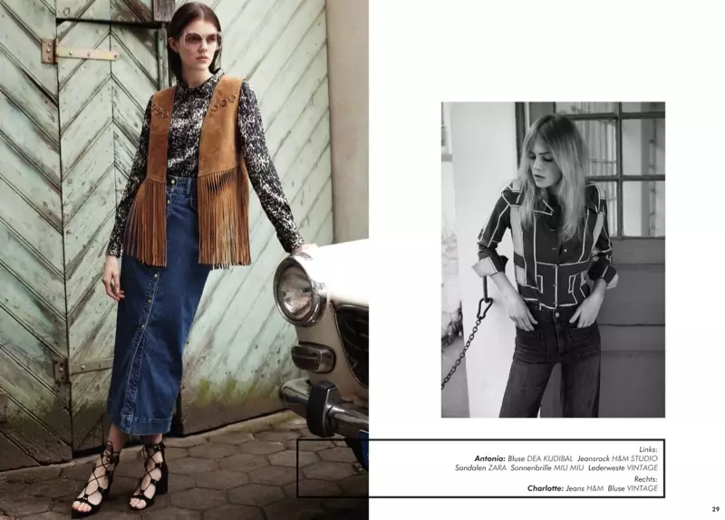 Antonia indossa un gilet con frange e jeans nella storia