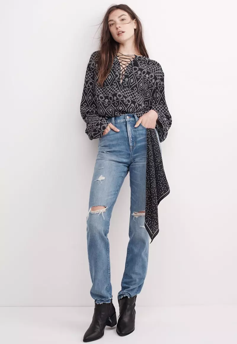 Madewell Lace-Up Peasant Top во Caravan Print, The Perfect Vintage Jean in Chet Wash: Distressed Edition и Silk Bandana во вистинско црно