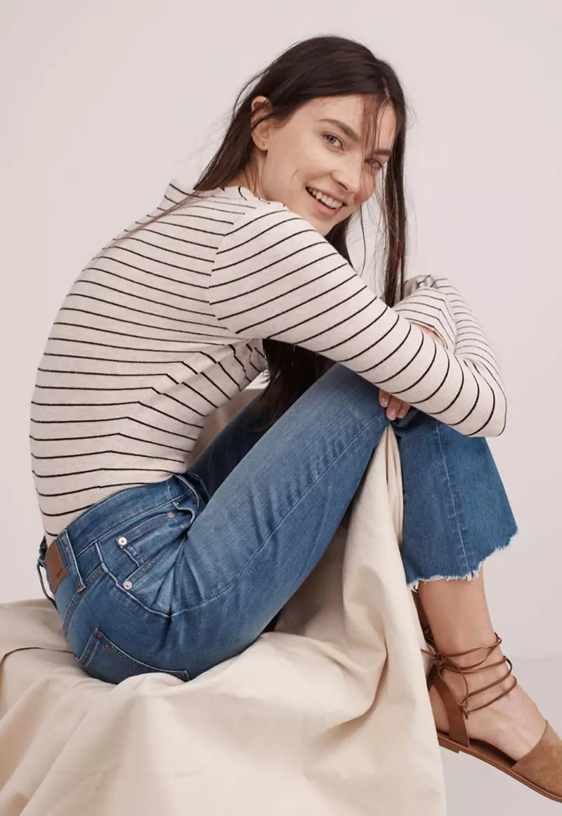 Madewell Song Scoop Bodysuit in Pierre Stripe, Cali Demi-Boot Jeans: Button-Front Edition û The Rena Lace-Up Sandal in Suede