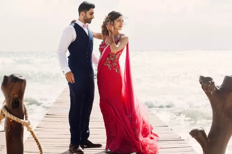 Hindi Bibi Groom Red Dress Suit Beach