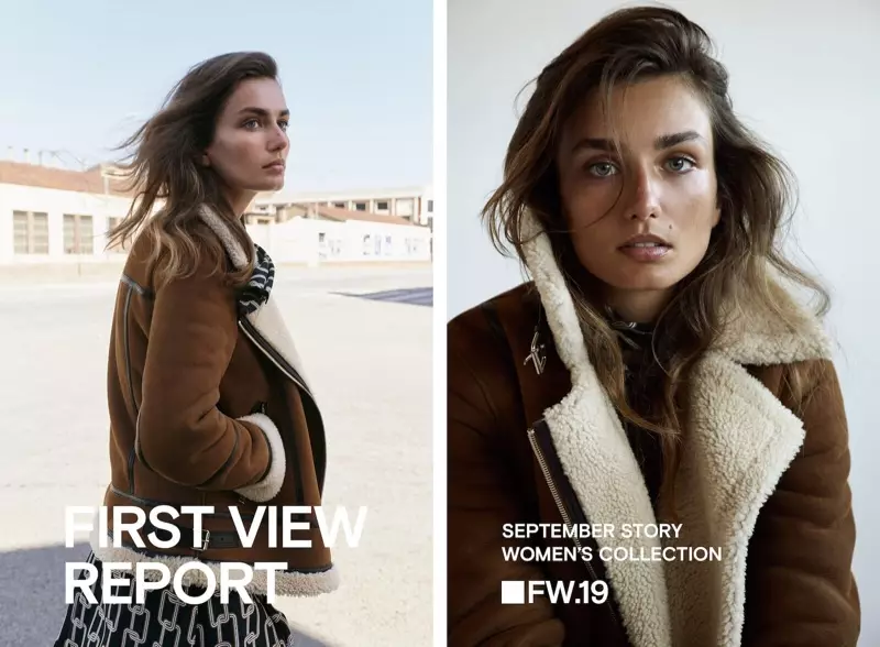 Mae Andreea Diaconu yn gwisgo siaced beiciwr lledr Massimo Dutti