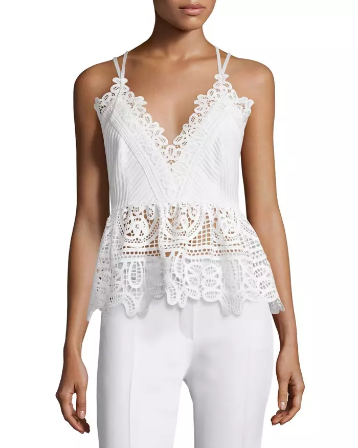 Self Portrait Sleeveless Textured Lace Trim Top in White