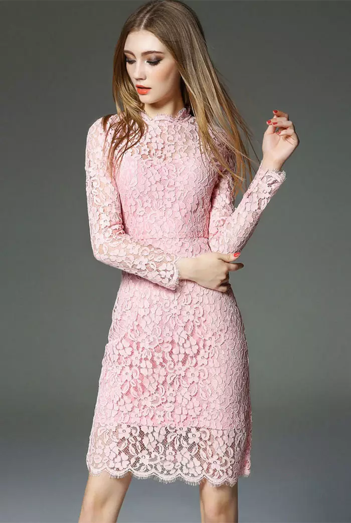 Mofumahali Mulock Pink Long Sleeve Lace Dress