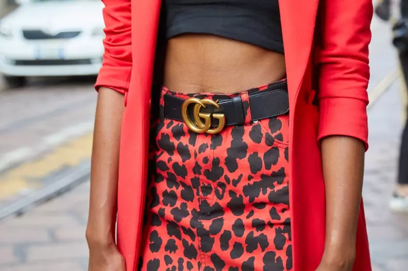 Black Woman Gucci Belt Red Cheetah Print Skirt Closeup