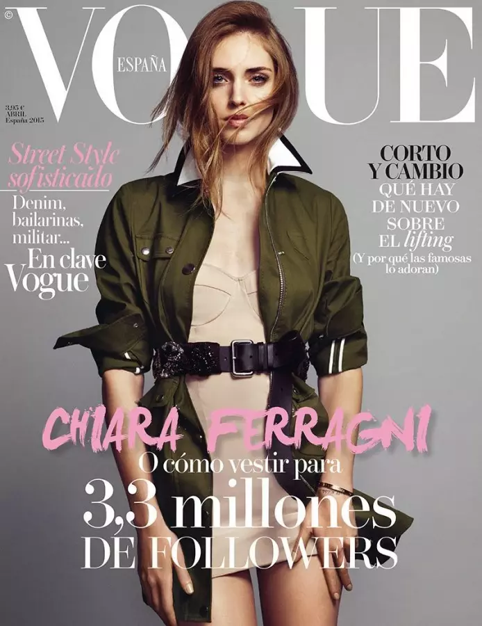 Moadeblogger Chiara Ferragni posearret op 'e omslach fan april 2015 fan Vogue Spanje yn lens troch Nico.