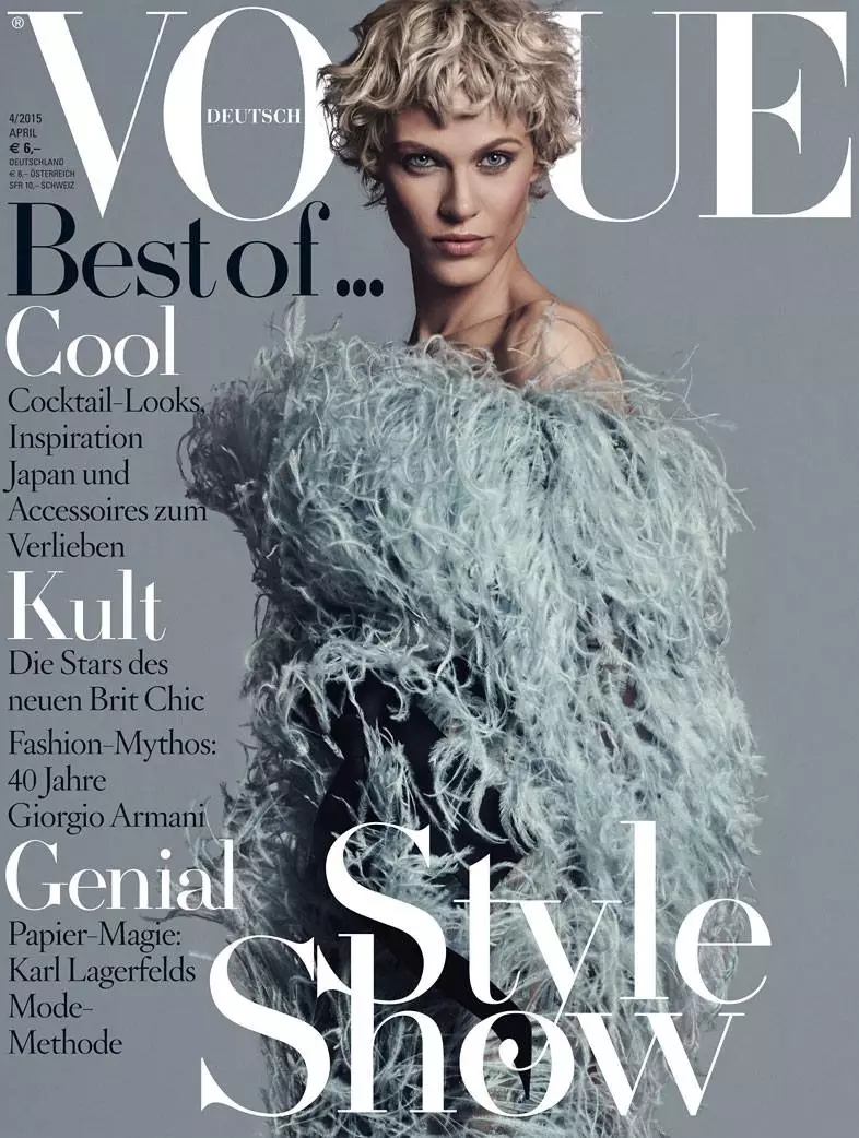 D'Aymeline Valade huet e furry Look fir dem Vogue Däitschland säin Abrëll 2015 Cover fotograféiert vum Giampaolo Sgura.