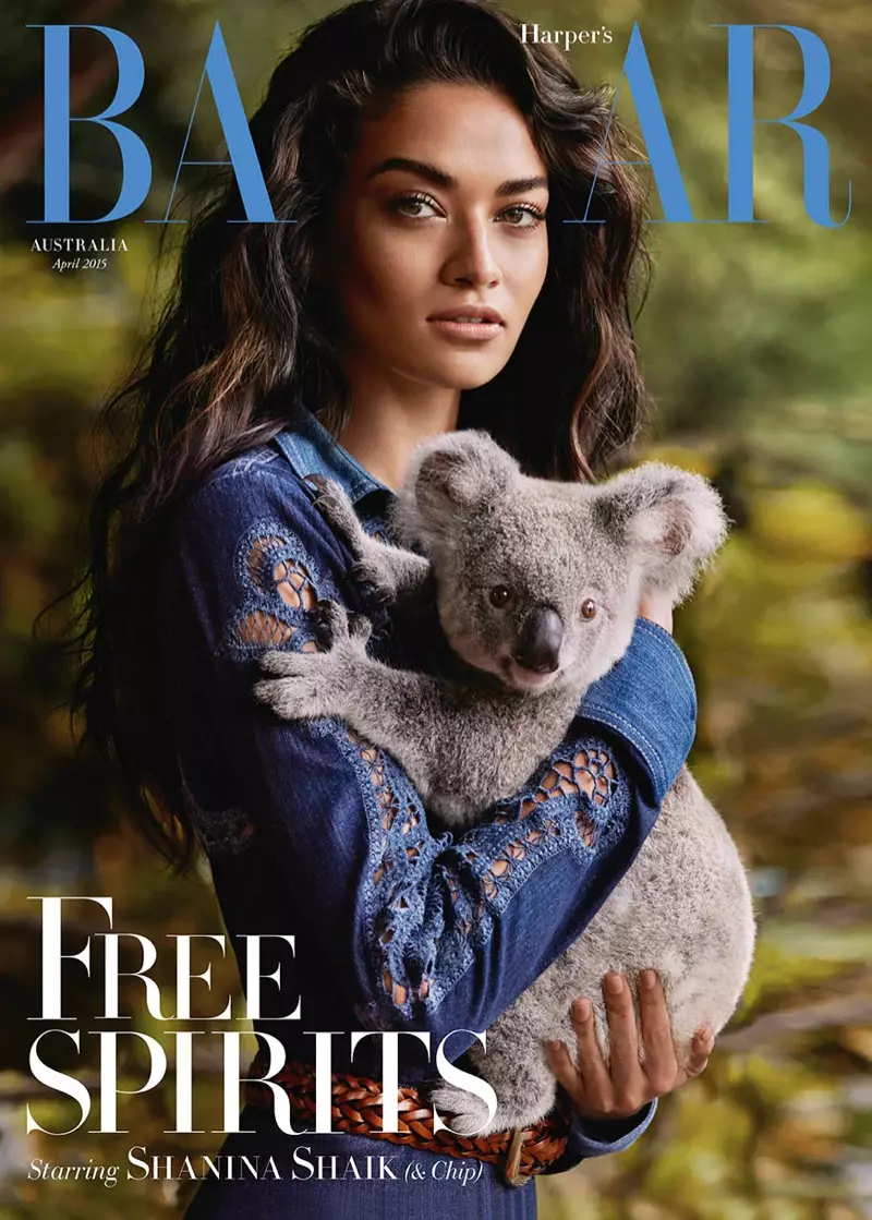 Shanina Shaik og kóalabjörn leika á forsíðu Harper's Bazaar Australia í apríl 2015.