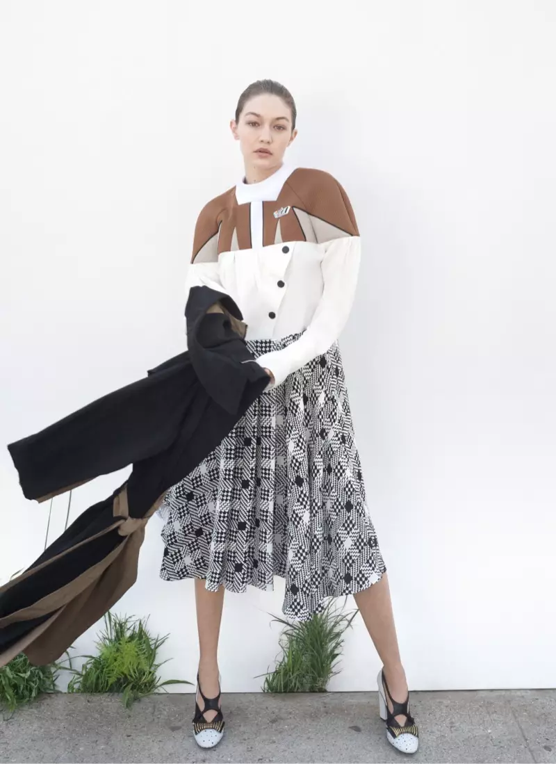 Sraitheanna Gigi Hadid in Éadaí Seachtrach Chic do Vogue