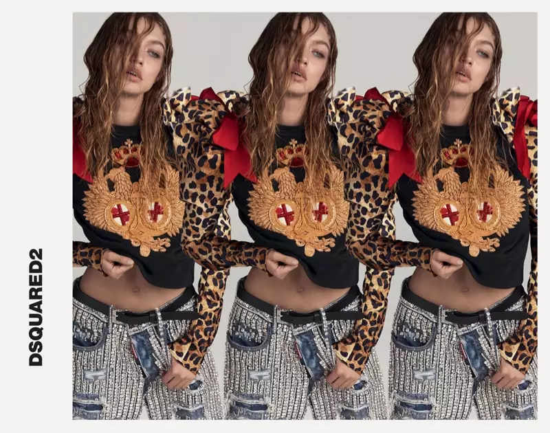 Barr agus jeans bróidnithe spóirt Gigi Hadid i bhfeachtas earrach 2017 DSquared2