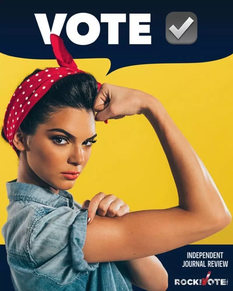 Kendall Jenner situr fyrir sem Rosie the riveter fyrir herferð Rock the Vote 2016